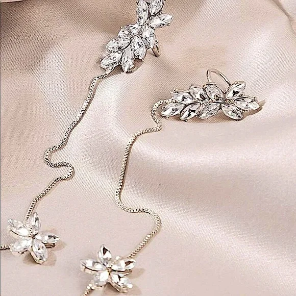 SILVER RHINESTONE FLOWER EAR CUFF THREADER CLIMBER EARRINGS - Picture 5 of 5